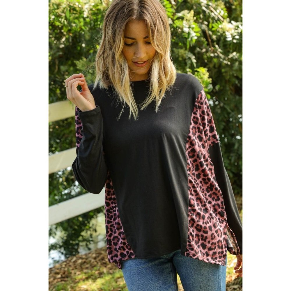Leopard Print Color Block Dolman Loose Fit Top - Picture 5 of 10